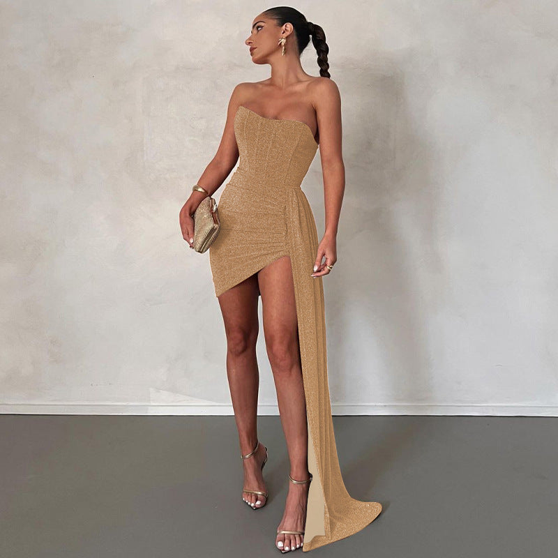 Spring Women Clothes Stitching Tied Sexy Bandeau Short Sheath Dress  FFONYX